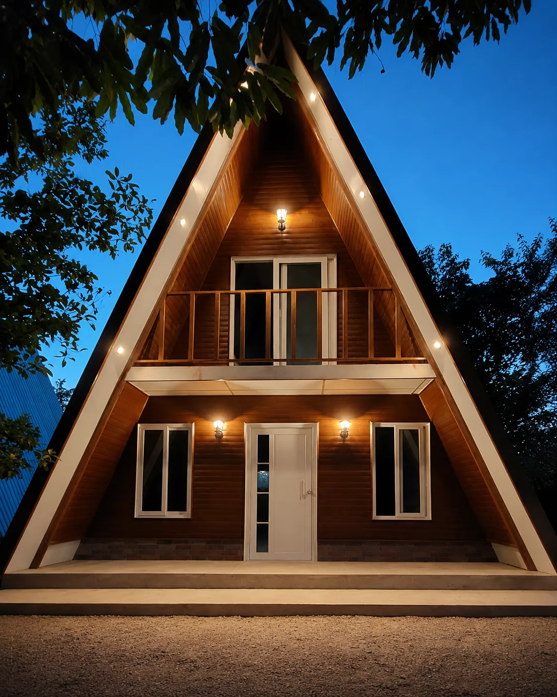 Fachada iluminada con ventanas y puerta blancas